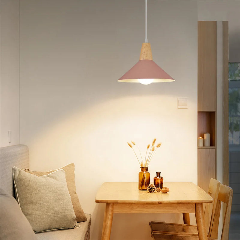 Axyaa Pink Wood Pendant Light: Nordic Modern E27 Shade for Home Decor Lighting