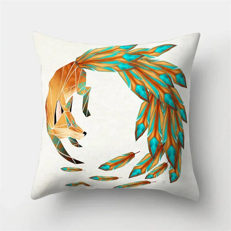 Fox and Bird Polyester Pillowcase by Axyaa: Cartoon Landscape Cushion Cover for Sofa