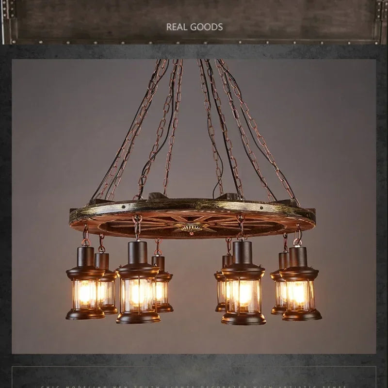 Axyaa Iron LED Wheel Pendant Lights - Industrial Metallic Lustre Hanging Lamps