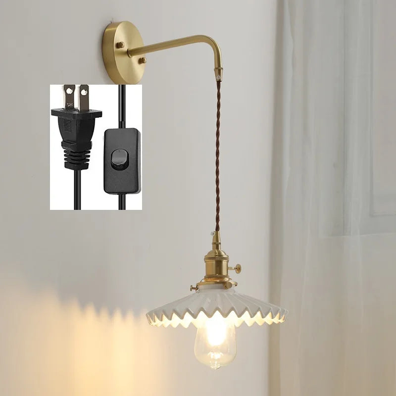 Axyaa Ceramic LED Wall Lamp with Pull Chain Switch - Modern White Black Copper Mirror Light