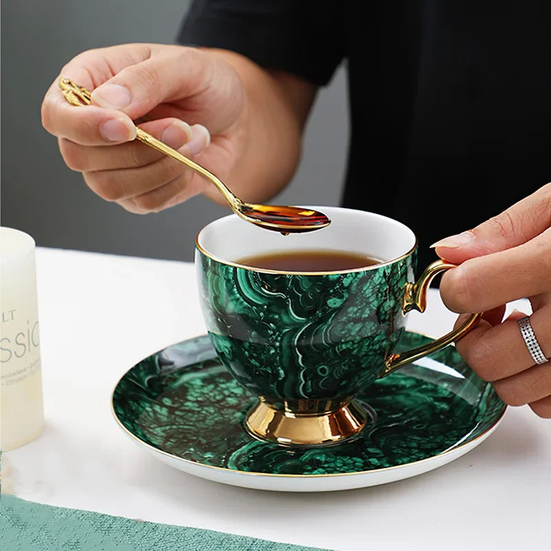 Axya Green Gold Inlay Bone Tea Set - 7 Piece Coffeeware Collection
