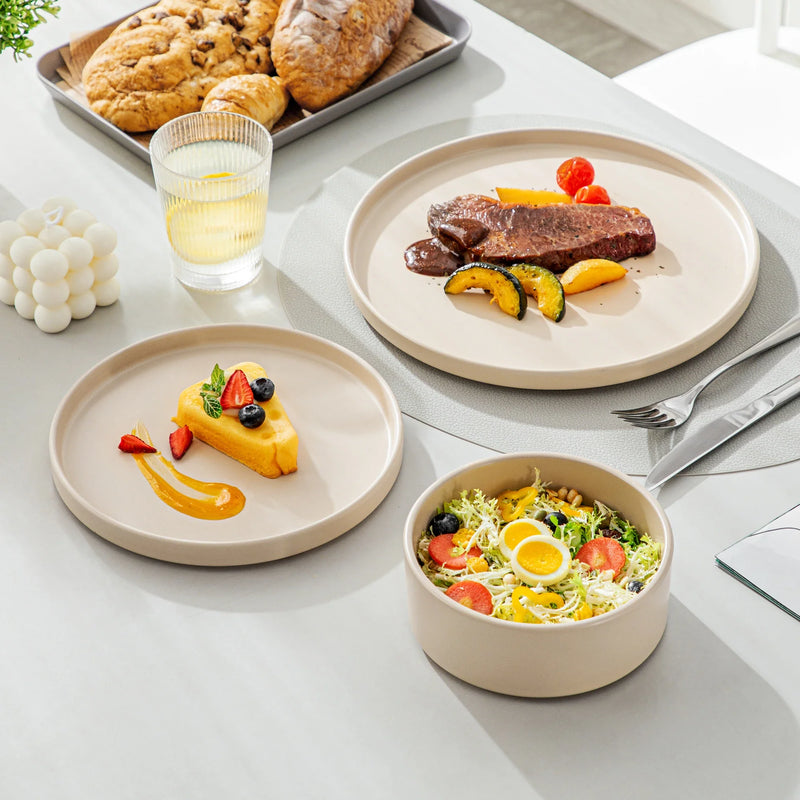 Axya Stoneware Tableware Set, 12/24/36 Pc Beige, 5 Colors, Dinner/Dessert Plate/Bowl, For 4/8/12