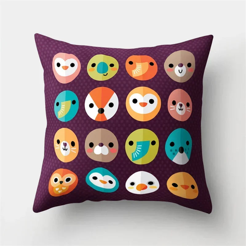 Fox and Bird Polyester Pillowcase by Axyaa: Cartoon Landscape Cushion Cover for Sofa