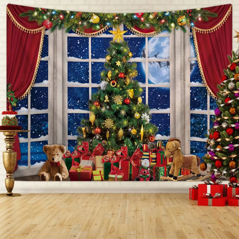 Axyaa Christmas Scene Tapestry: Window Snow, Tree, Santa Photography Background
