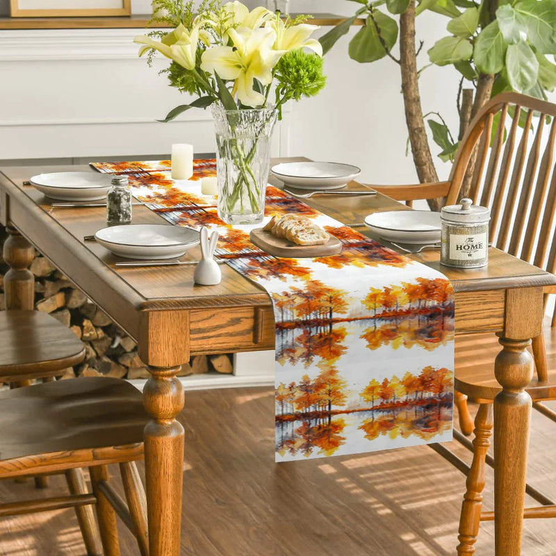 Axyaa Autumn Tree Lake Table Runner for Kitchen Dining Decor