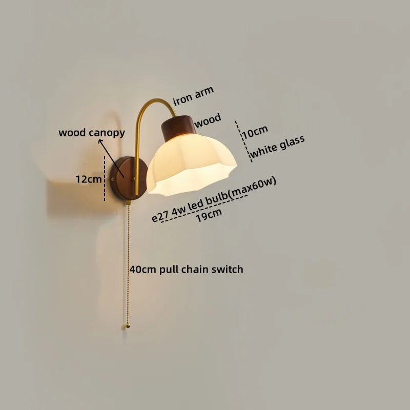 Axyaa Modern LED Wall Lamp Sconce Glass Wood Pull Chain Switch Stair Lights