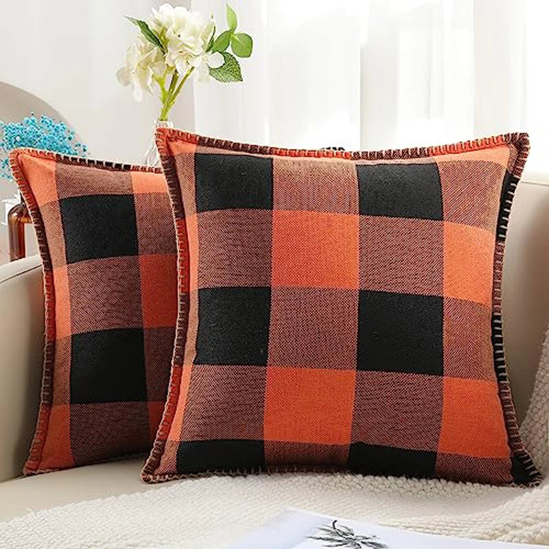 Axyaa Plaid Throw Pillow Covers 16x16in Set of 2 - Luxury Soft Home Decor Cushion Cases