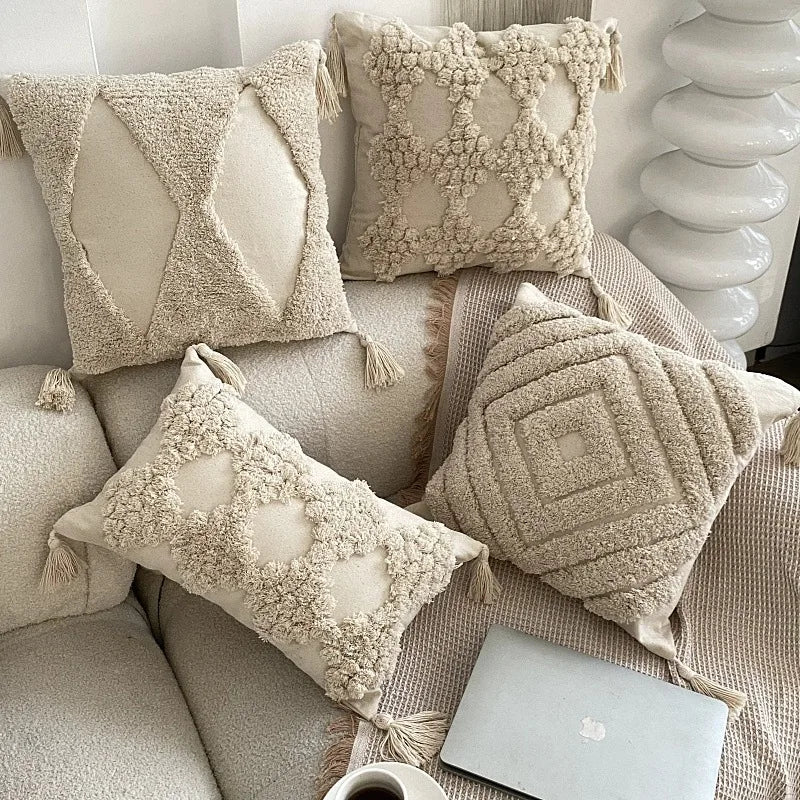 Moroccan Beige Fringe Tufted Pillow Case for Chic Home Decor by Axyaa
