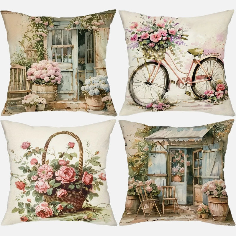 Axyaa Country Flower Bicycle Pattern Pillowcase for Home Room Decoration