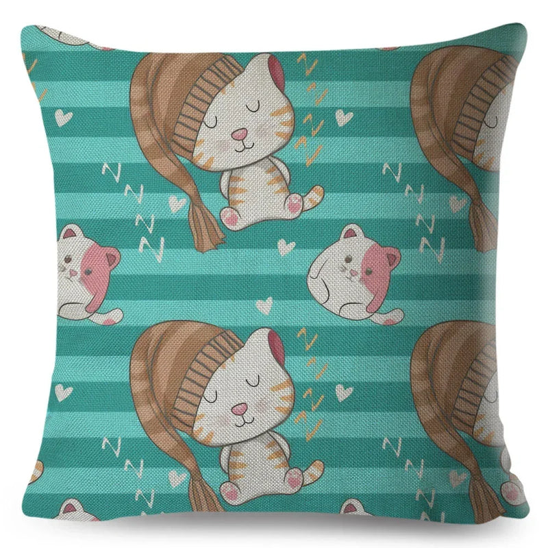 Axyaa Cat Cushion Cover: Decorative Linen Pillow for Home, Sofa, Children's Room