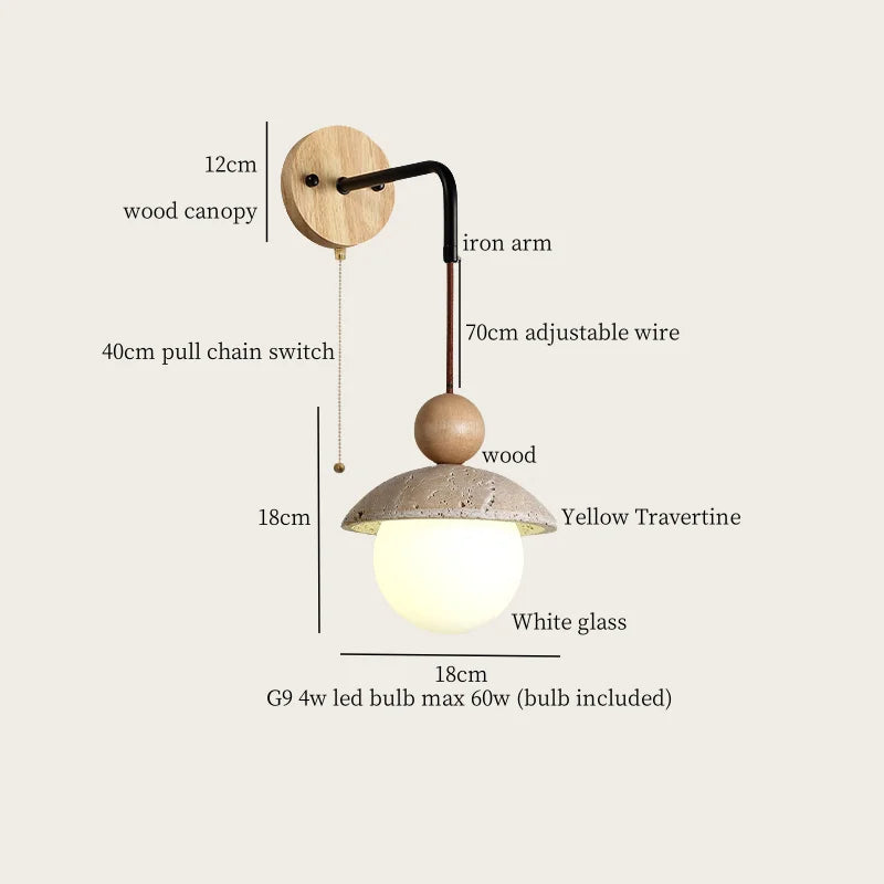 Axyaa Stone Glass LED Wall Light 70CM Adjustable Yellow Travertine Wabi Sabi Bedroom Lamp