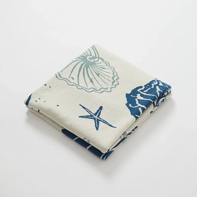 Axyaa Coastal Ocean Knit Throw Blanket - Sea Shell, Starfish Coral Design