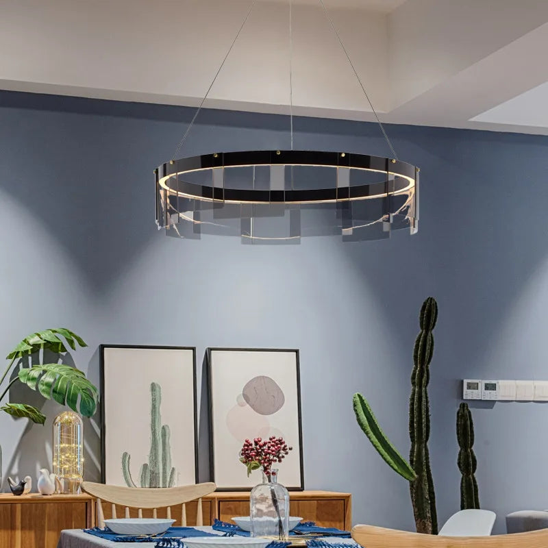 Axyaa Stratos Glass Circle LED Pendant Light: Luxury Ceiling Chandelier for Kitchen Island