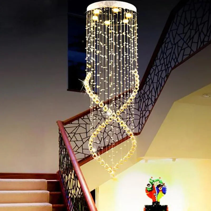 Axyaa Crystal Chandelier: Modern LED Pendant Light for Duplex Stairs, Kitchen, Dining Room.