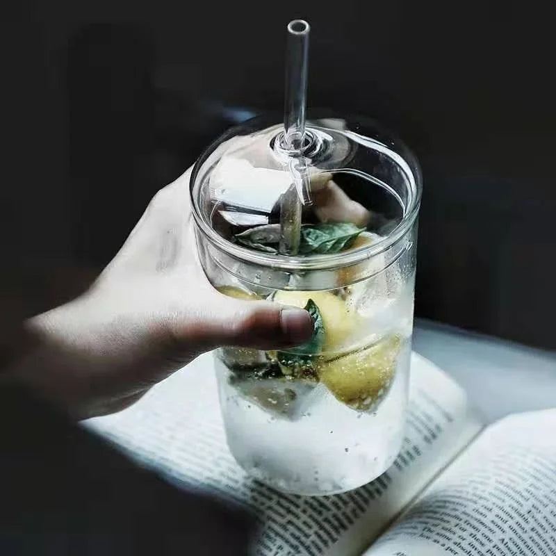 Axyaa Can Glass Set with Dome Lids, Glass Straw, 450ML Capacity
