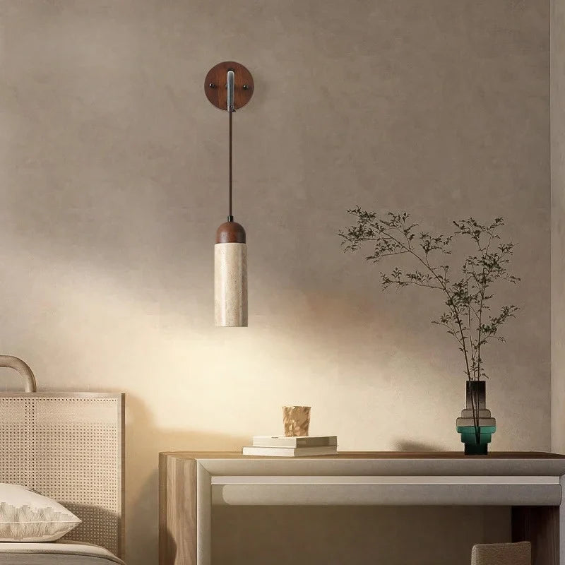 Axyaa Yellow Travertine Stone LED Wall Lamp Interior Wabi Sabi Pull Chain Switch