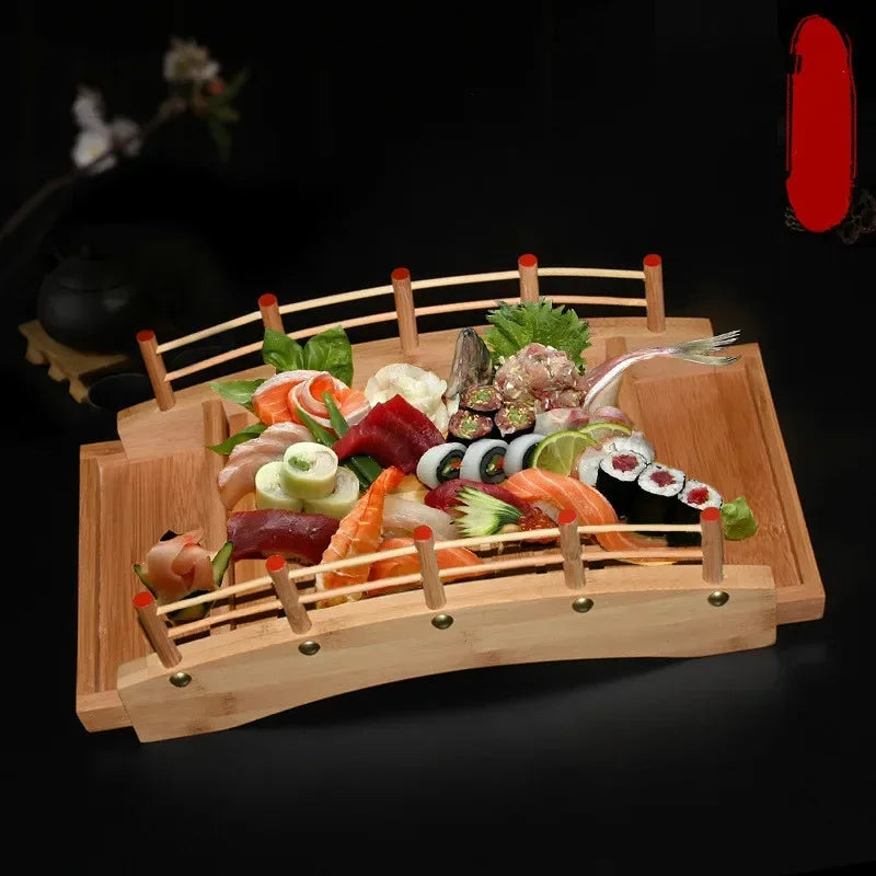 Axya Wooden Arched Bridge Sushi Platter Set with Japanese and Korean Tableware