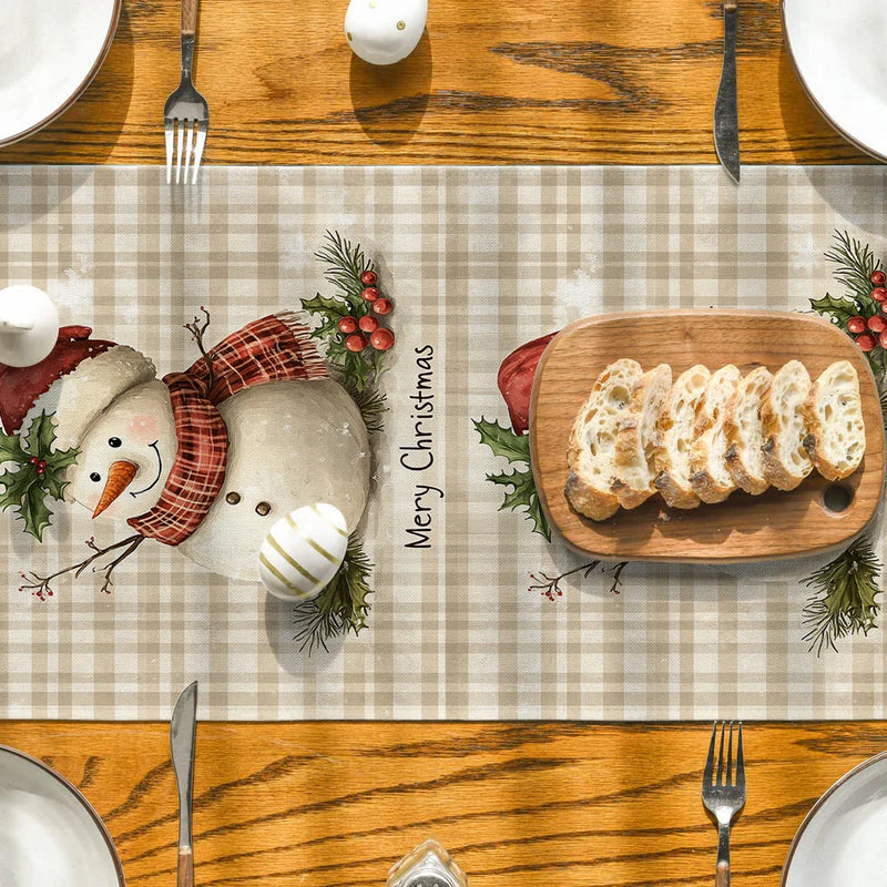 Snowman Holly Berries Table Runner by Axyaa: Festive Kitchen & Dining Decoration