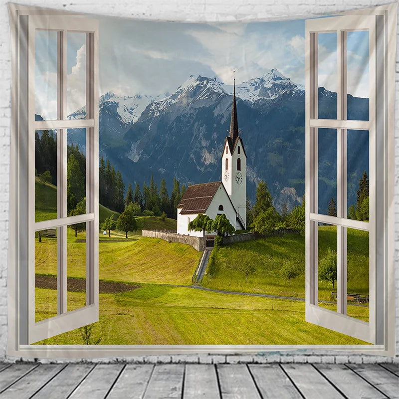 Axyaa 3D Window View Tapestry - Boho Style Wall Decor for Home, Bedroom, Dorm