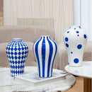 Axyaa Blue Geometric Quilted Ceramic Vase with Polka Dots Pattern for Home Decoration