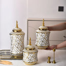 Axyaa Ceramic Storage Jar & Vase: White Gold Luxury Decor & Flower Arrangement