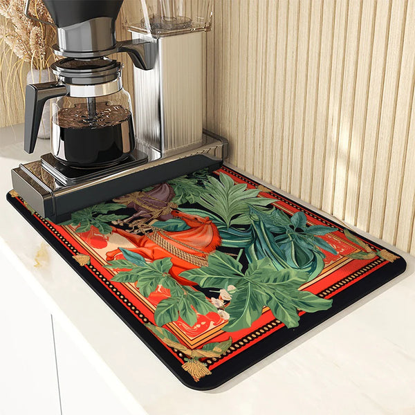 Axyaa Flower Print Drying Mat: Absorbent, Anti-Slip Placemat for Table Cups