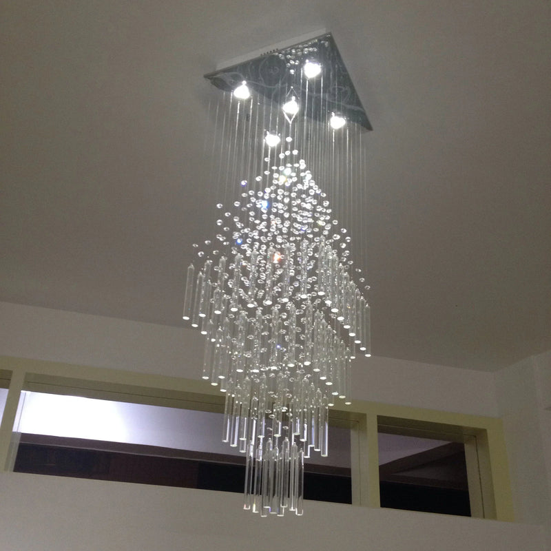 Axyaa Crystal Ceiling Chandelier - Modern Square Base Light Fixture for Living Room and Staircase