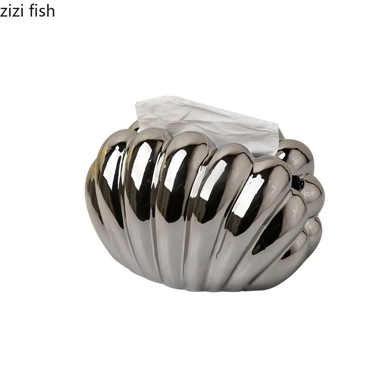 Axya Silver Shell Tissue Box: Cute Clamshell Desktop Container