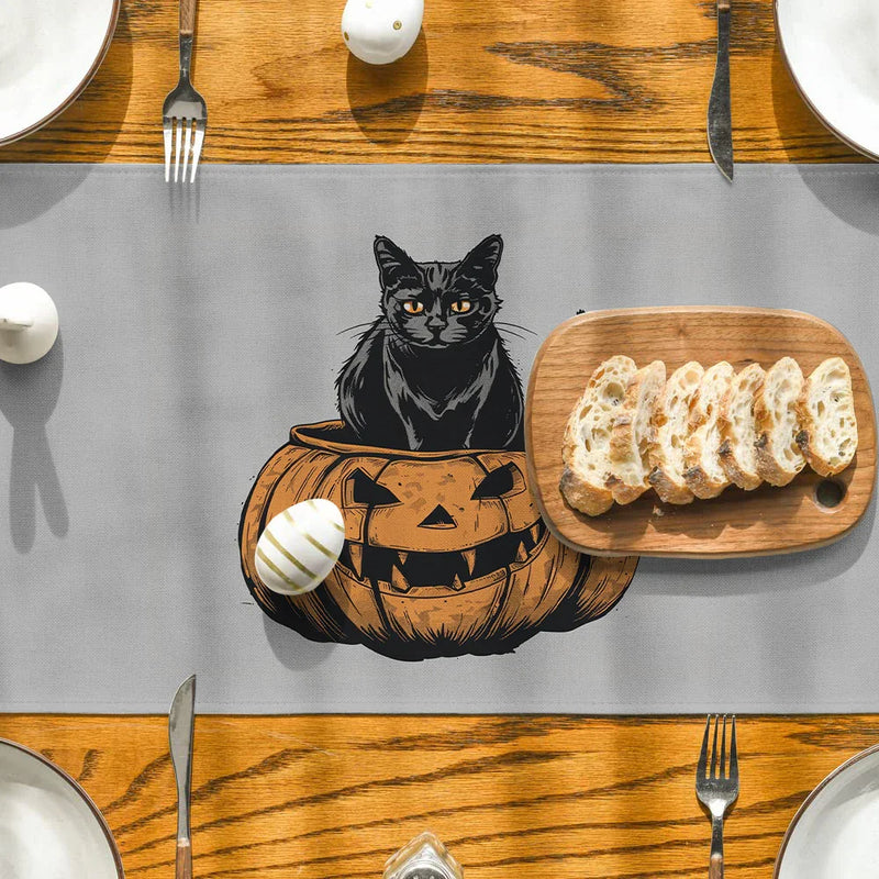 Axyaa Halloween Cat Pumpkin Head Table Runner