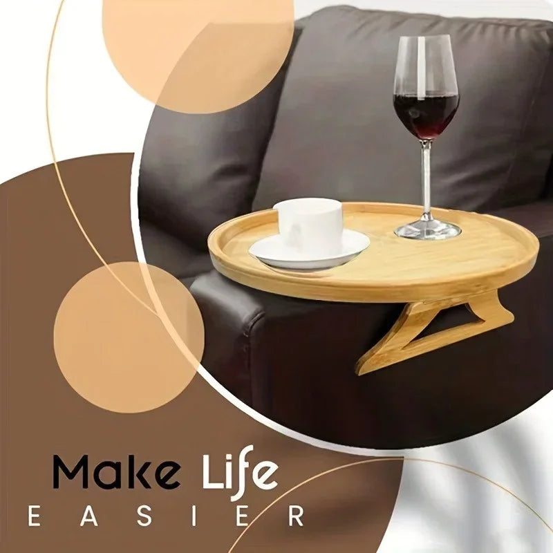Axyaa Wooden Sofa Armrest Table: Foldable Round Snack Tray for Living Room