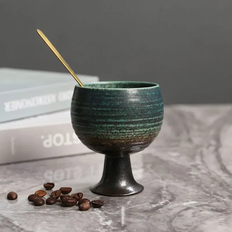 Axyaa Ceramic Coffee Cup Set with Spoon, Coarse Pottery Goblet for Home Decor