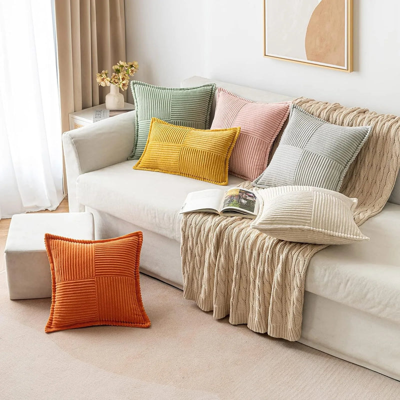 Axyaa Beige Corduroy Striped Throw Pillow Covers 18x18 Inch Luxurious Boho Textured Cushion Cover