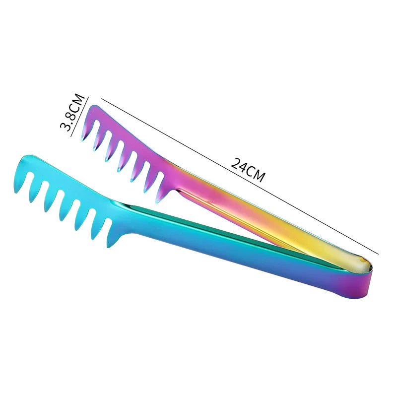 Axyaa Stainless Steel Kitchen Tongs: Color Comb Meal Clip for Non Stick Cookware