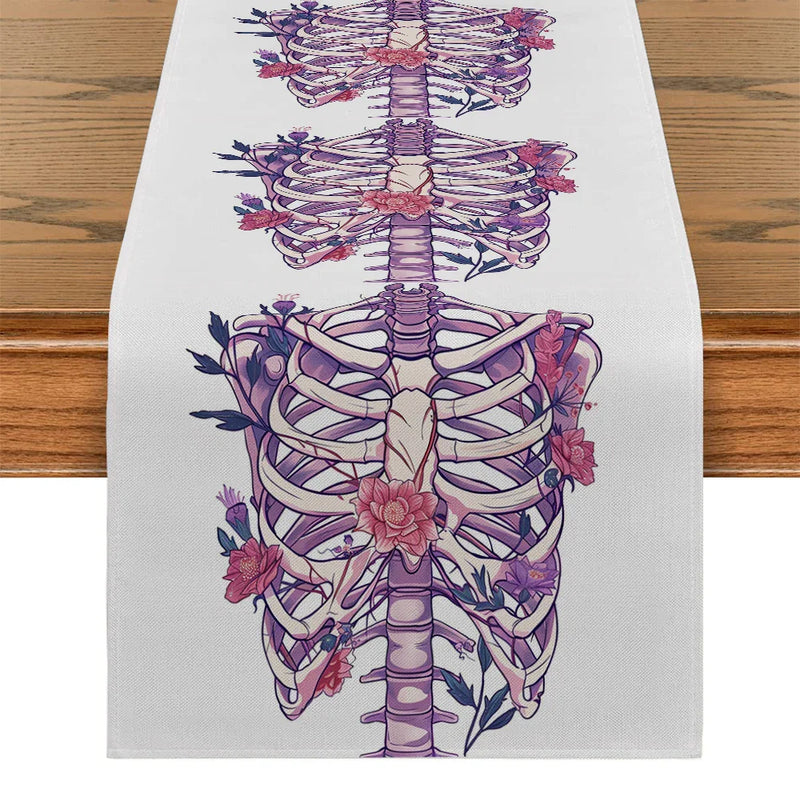 Axyaa Halloween Skeleton Floral Table Runner for Dining Room