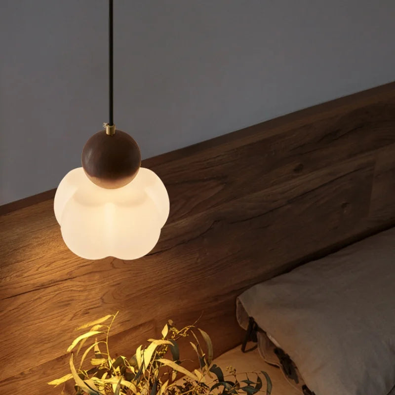 Axyaa Nordic LED Pendant Chandelier with White Lampshade and Wood Finish