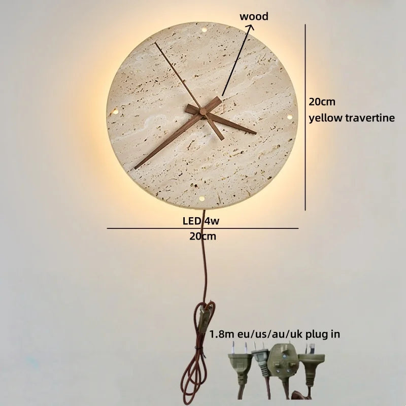 Axyaa Stone Clock LED Wall Light Yellow Travertine Wooden Pointer for Living Room