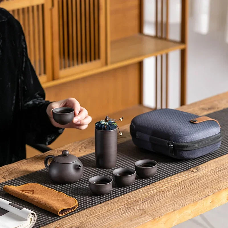 Axya Portable Purple Sand Tea Set: Pot, 4 Cups, Crack Cup, Kung Fu Style