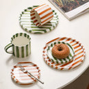 Axyaa Hand-Drawn Green Stripe Ceramic Coffee Cup with Breakfast Plate - Creative Tea Mug