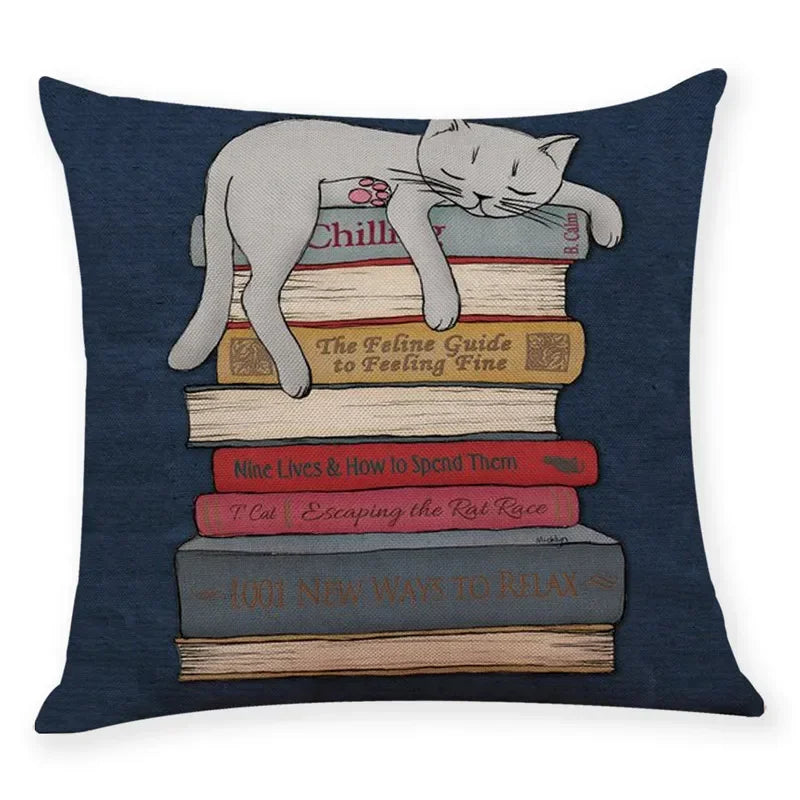 Axyaa Cat Print Linen Pillowcase 45x45cm Home Decor Cushion Cover