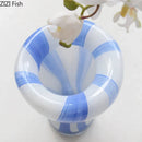 Axyaa Blue White Striped Glass Vase for Artistic Flowers and Home Decor