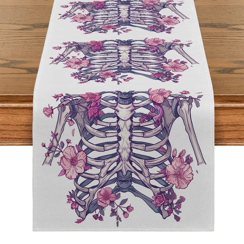 Axyaa Halloween Skeleton Floral Table Runner for Dining Room