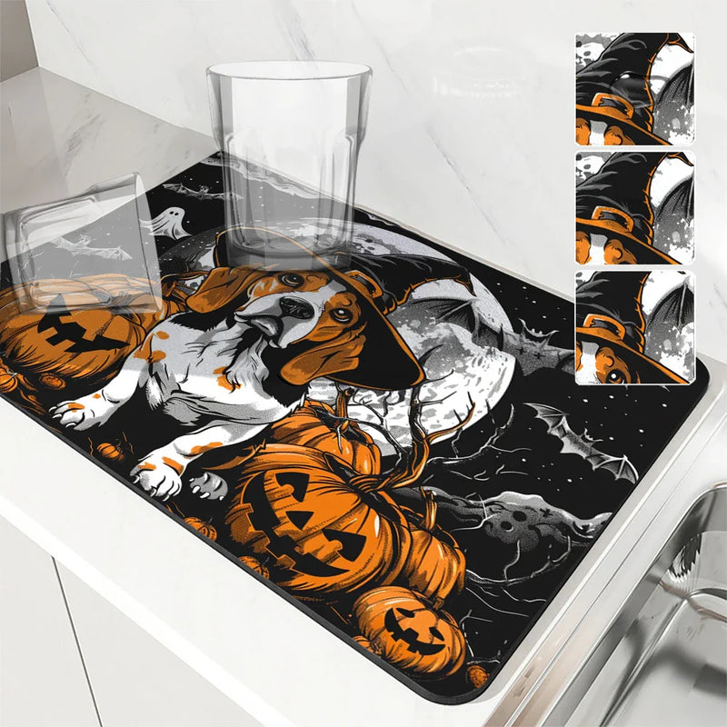 Axyaa Coffee Mat: Halloween Dog Bat Draining Pad, Quick Dry Kitchen Bathroom Drying Mat