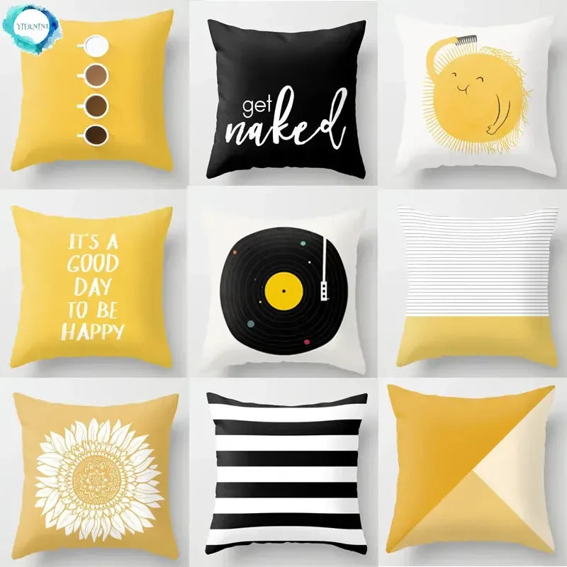 Yellow Geometric Polyester Cushion Cover by Axyaa - Modern Black Letter Pillow Cover