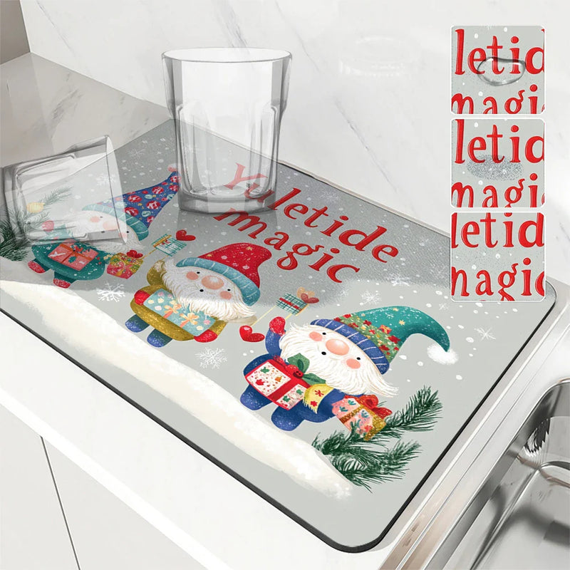 Axyaa Snowflake Fir Kitchen Mat: Absorbent, Antiskid, Quick Drain Pad for Tableware & Dishes