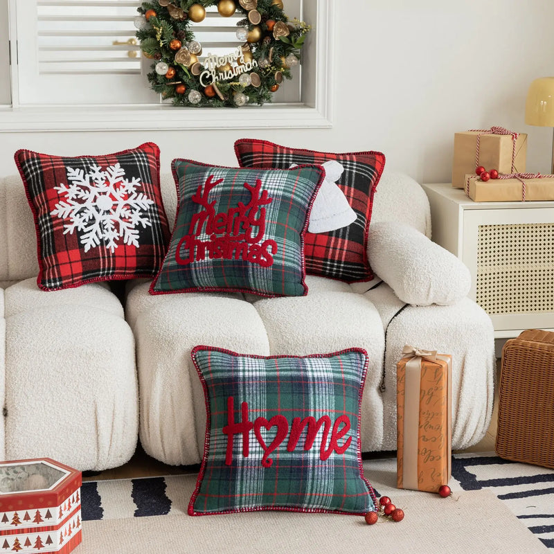 Axyaa Snowflake Jingle Bell Cushion Cover 45x45cm Checkered Christmas Pillow Case