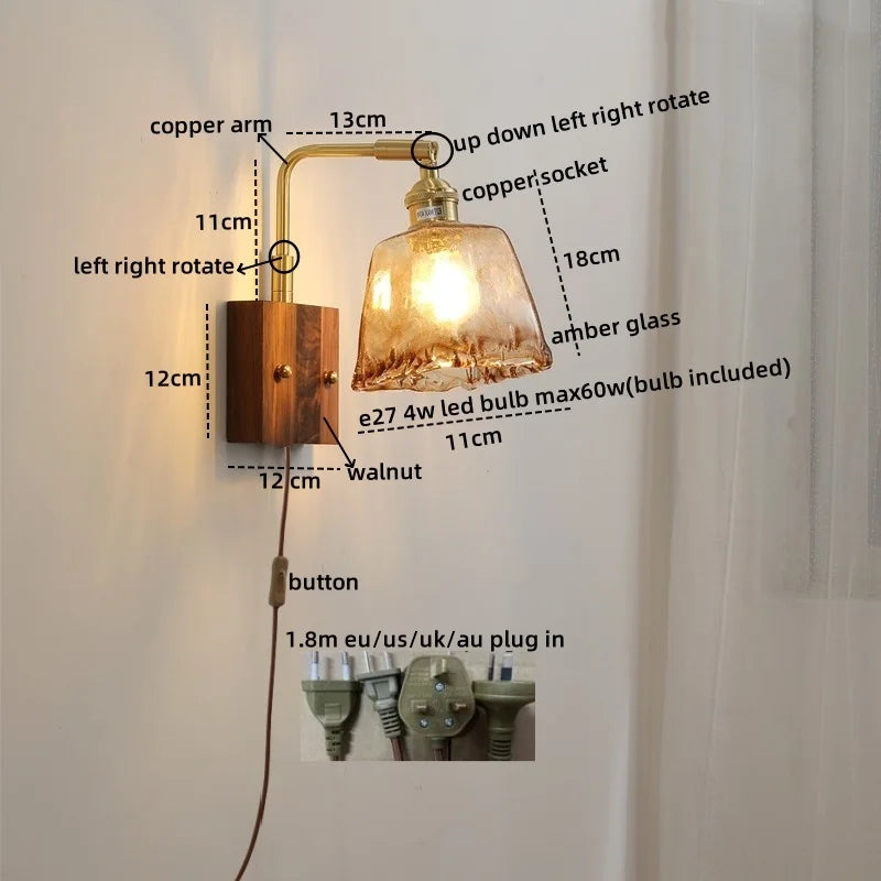 Axyaa Nordic LED Wall Lamps Walnut Glass Stair Light Fixtures for Home Décor