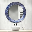 Axyaa Sapphire Silver Mosaic Wall Mirror, Handmade Decorative Glass, Round Dark Blue Mirror