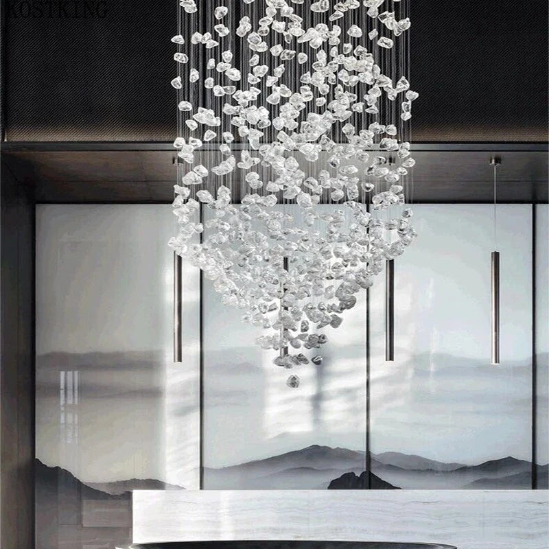 Axyaa Stone Crystal Chandelier: Large Modern LED Lighting for Staircase & Hallway