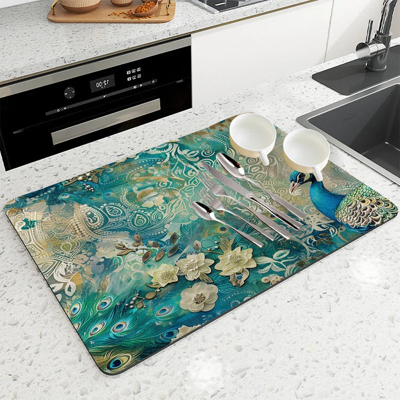 Axyaa Vintage Peacock Draining Mat - Quick Dry Kitchen & Bathroom Drain Pad