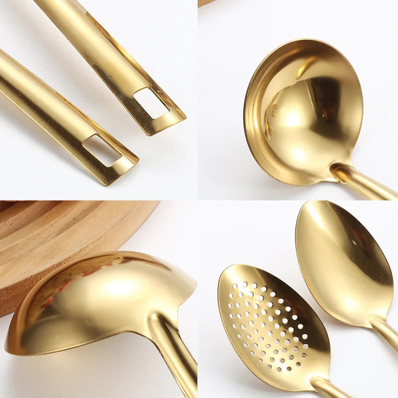 Axyaa Stainless Steel Cutlery Set Spoon Spatula Clander Kitchenware Mirror Polished